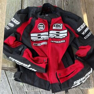 RED/BLACK SPEED AND STRENGTH RACING JACKET, decals, patches, small, canvas/mesh